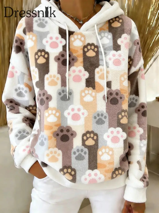 Beiläufiger Flanell-Hoodie mit niedlichem Katzen-Kunstdruck für Damen als bild / S