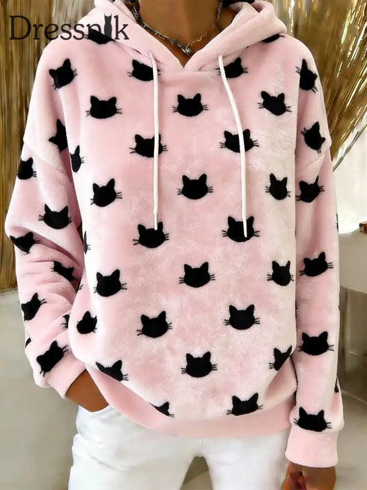 Beiläufiger Flanell-Hoodie mit niedlichem Katzen-Kunstdruck für Damen als bild / S