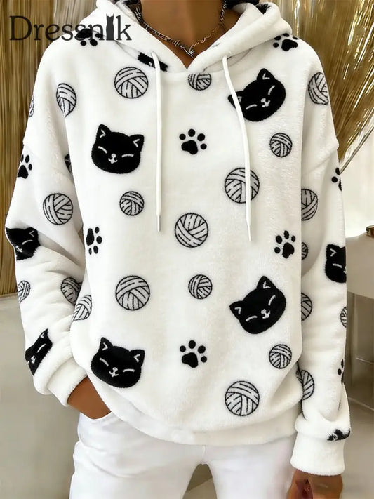 Beiläufiger Flanell-Hoodie mit niedlichem Katzen-Kunstdruck für Damen als bild / S