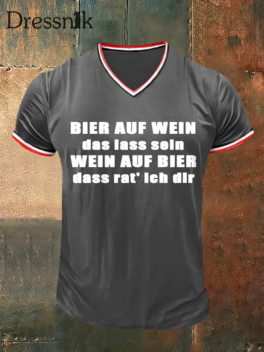Bier zuerst dann Wein gedruckt Vintage Mode Kurzarm V-Ausschnitt T-Shirt Grau / S