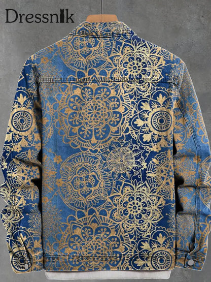 Blaue Steigung Vintage Mandala Muster Kunstdruck Dicke Langarm Freizeit Jacke