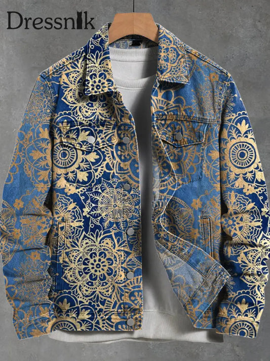 Blaue Steigung Vintage Mandala Muster Kunstdruck Dicke Langarm Freizeit Jacke A / S