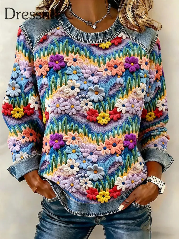 Blumen-Denim-Patchwork-Top für Damen im westlichen Stil als bild / S