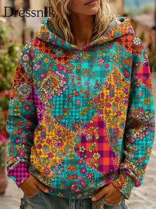Bohemian Boho Blumen kunst bedruckter Hoodie für Damen als bild / S