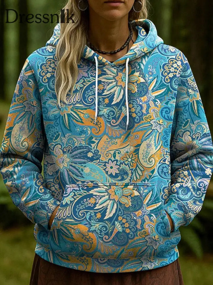 Bohemian Boho Blumen kunst bedruckter Hoodie für Damen blau / S