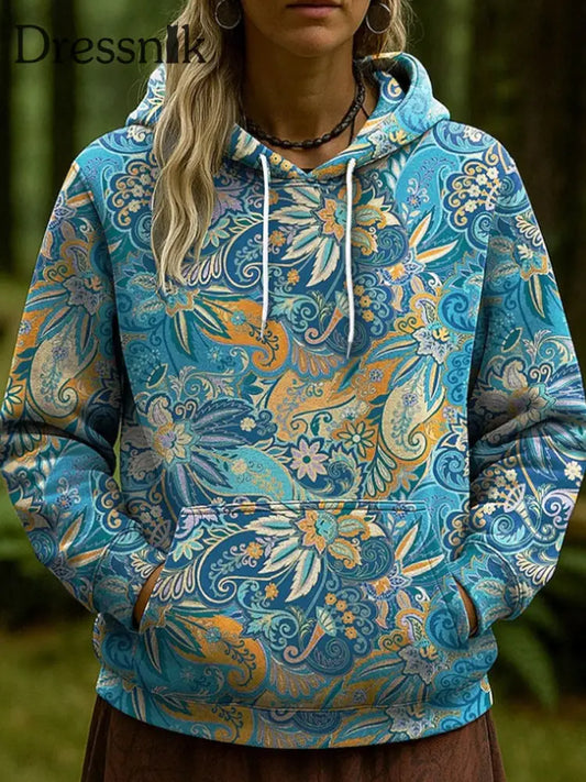 Bohemian Boho Blumen kunst bedruckter Hoodie für Damen blau / S