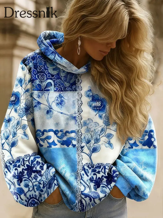 Bohemian Boho Blumen kunst bedruckter Hoodie für Damen blau / S
