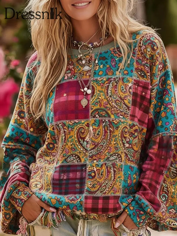Bohemian Boho Blumen kunst bedrucktes Sweatshirt für Damen als bild / S