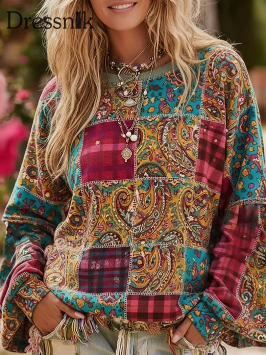 Bohemian Boho Blumen kunst bedrucktes Sweatshirt für Damen als bild / S