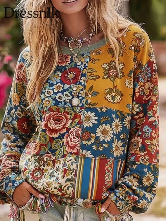 Bohemian Boho Blumen kunst bedrucktes Sweatshirt für Damen als bild / S