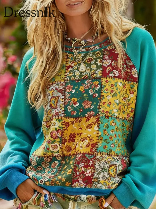 Bohemian Boho Blumen kunst bedrucktes Sweatshirt für Damen als bild / S