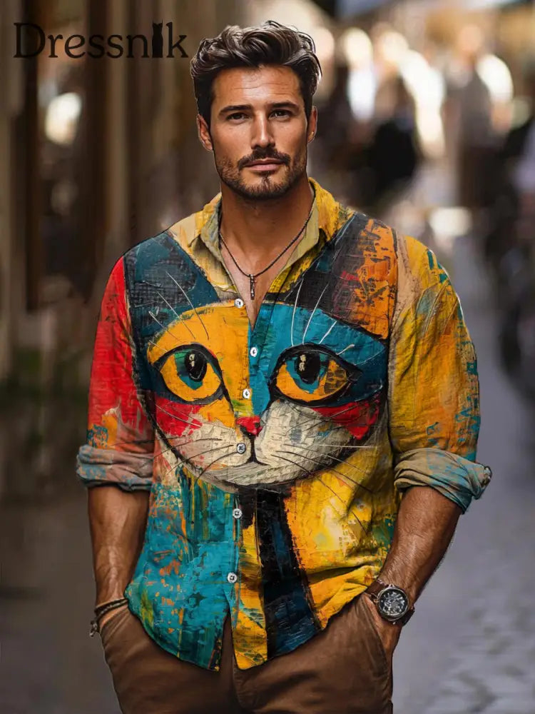 Buntes Ölgemälde Lustige Katze Vintage-Streifendruck Langarmshirt Aus 100 % Baumwolle Bestseller