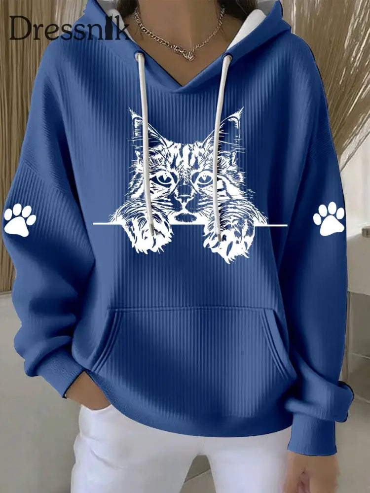 Casual Hoodie mit Katzen-Kunstdruck für Frauen Blau / S