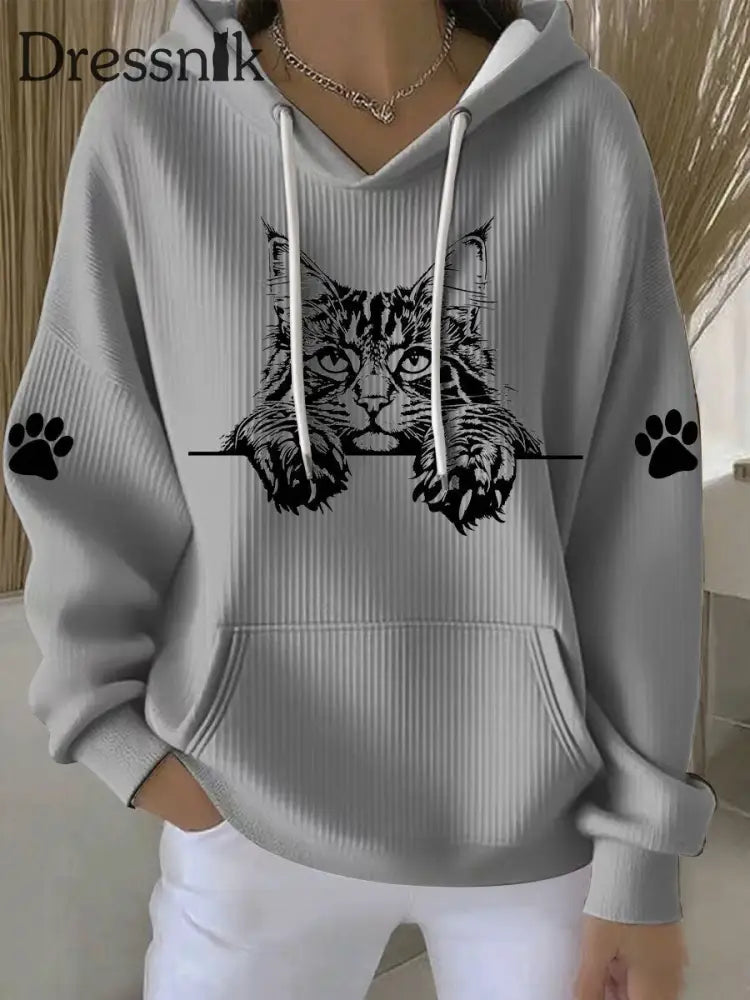 Casual Hoodie mit Katzen-Kunstdruck für Frauen Grau / S