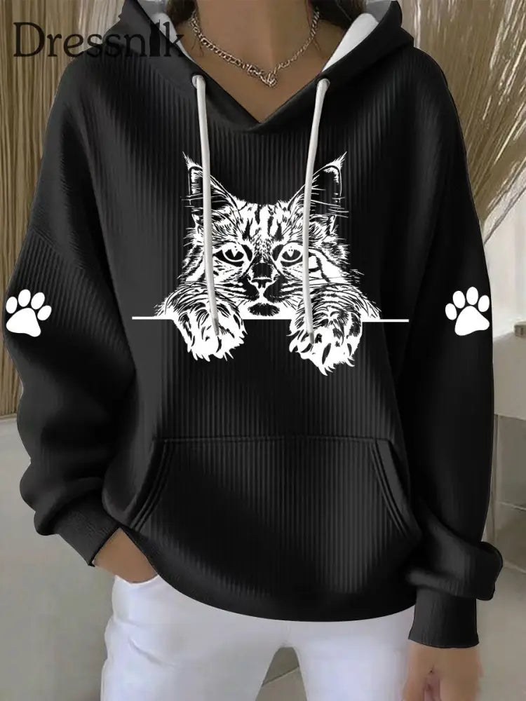 Casual Hoodie mit Katzen-Kunstdruck für Frauen Schwarz / S