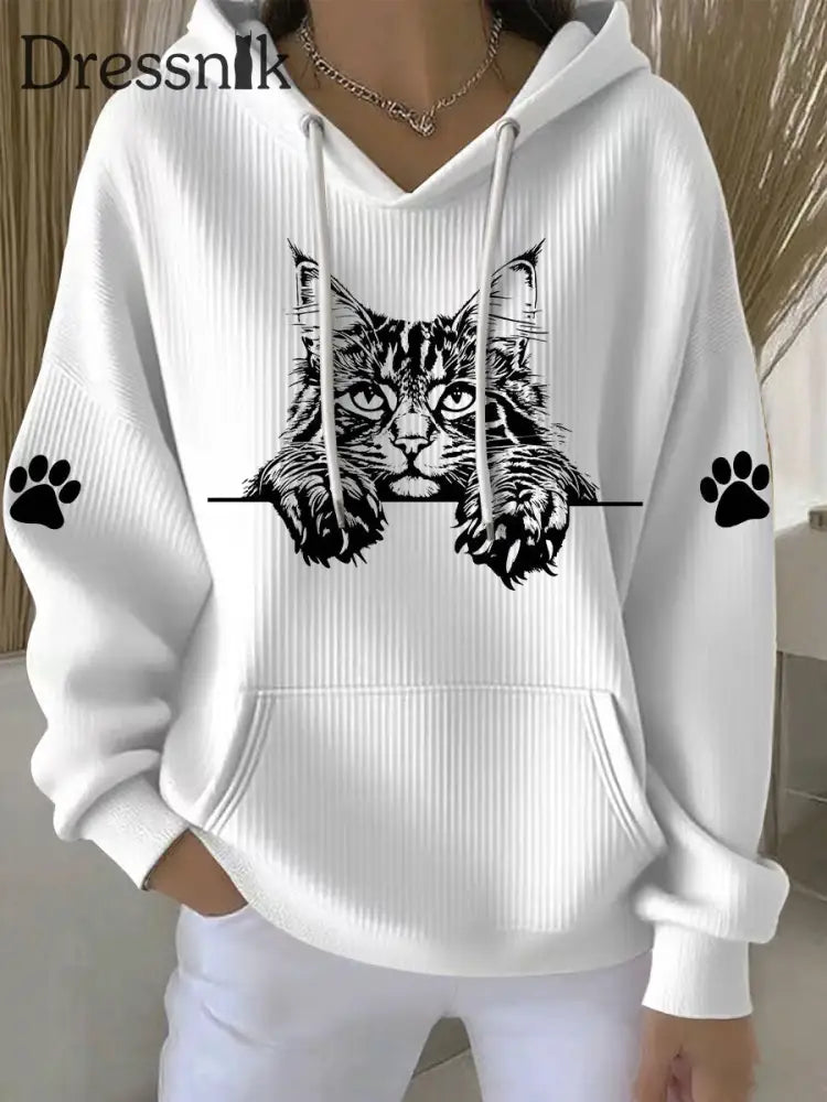 Casual Hoodie mit Katzen-Kunstdruck für Frauen Weiß / S