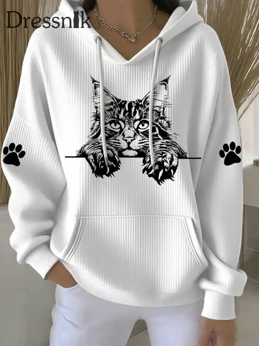 Casual Hoodie mit Katzen-Kunstdruck für Frauen Weiß / S