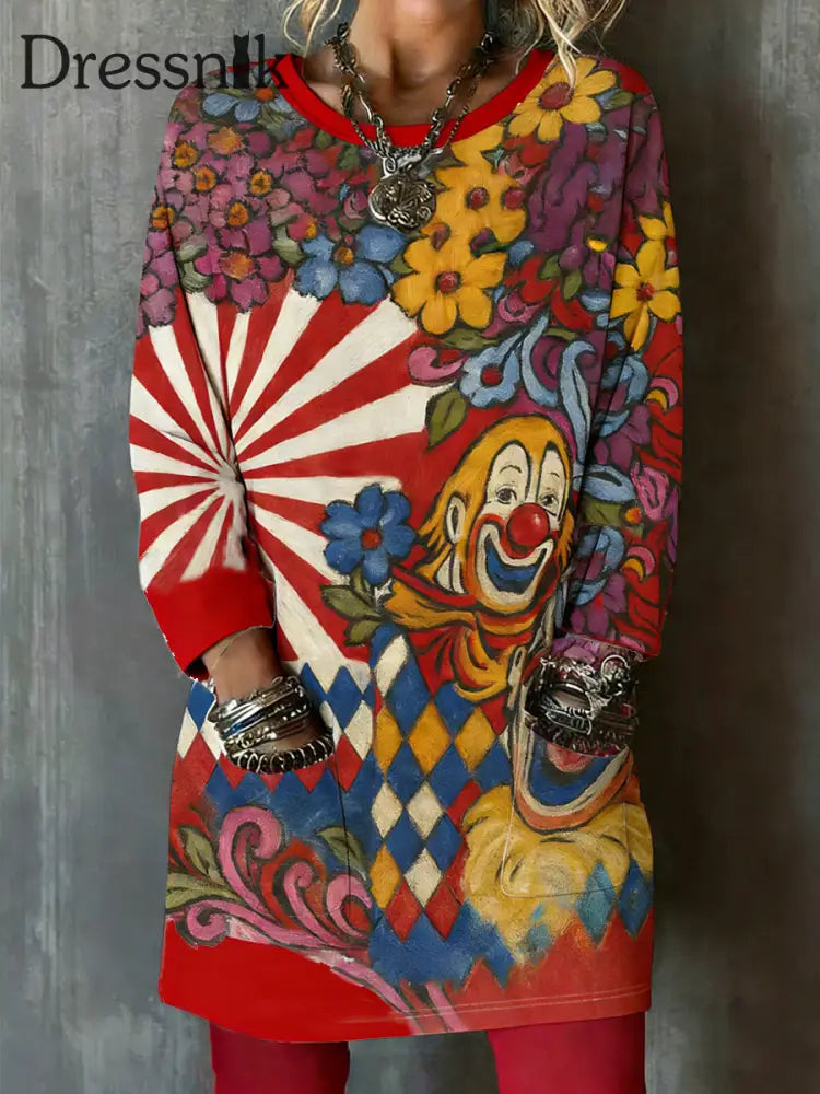 Cologne Carnival Clown Print für Damen Lässiges Langarm-Oberteil in mittlerer Länge Rot / S