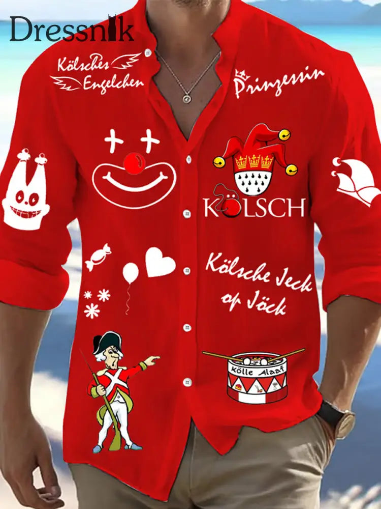 Cologne Carnival Clown Print Herren Lässiges Langarm-Shirt Rot / S