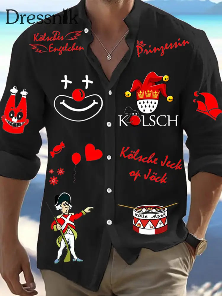 Cologne Carnival Clown Print Herren Lässiges Langarm-Shirt Schwarz / S