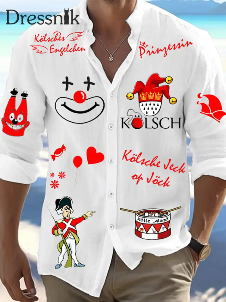 Cologne Carnival Clown Print Herren Lässiges Langarm-Shirt Weiß / S