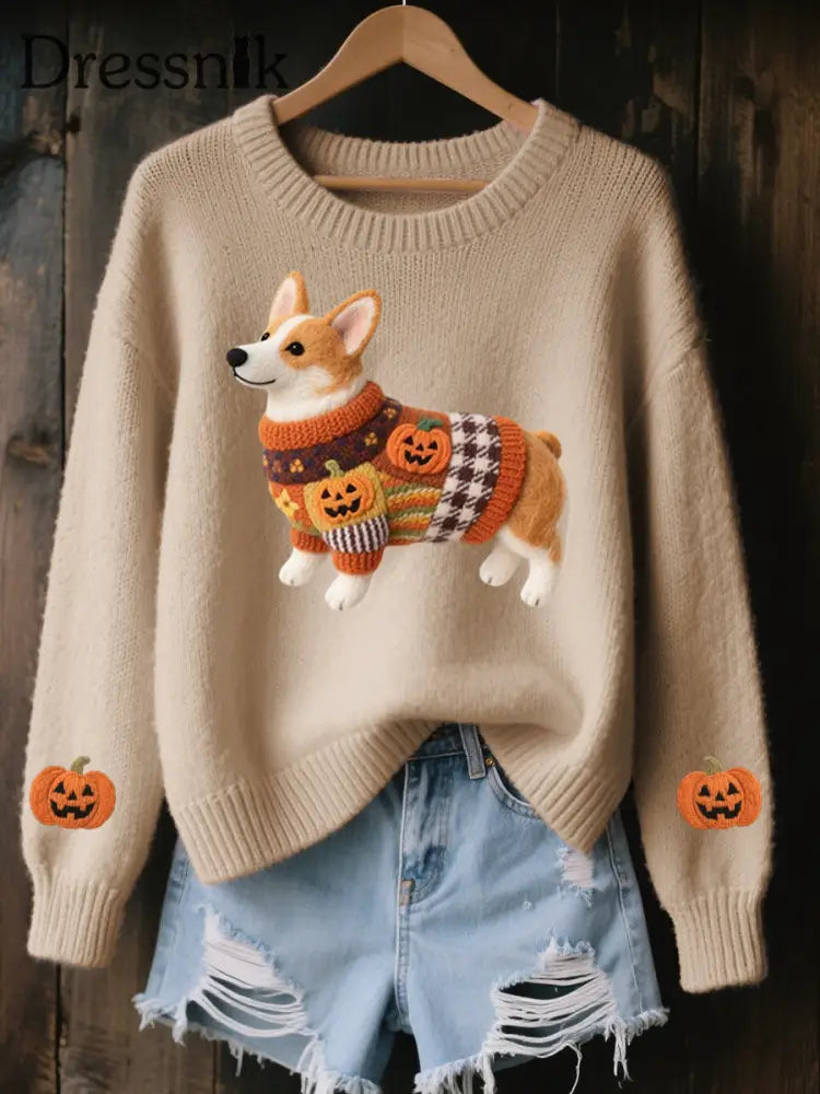 Corgi Filz-Kunst für Frauen Halloween inspirierter gemütlicher Strick pullover Khaki / S