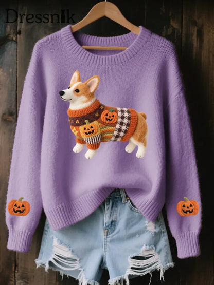 Corgi Filz-Kunst für Frauen Halloween inspirierter gemütlicher Strick pullover Lila / S