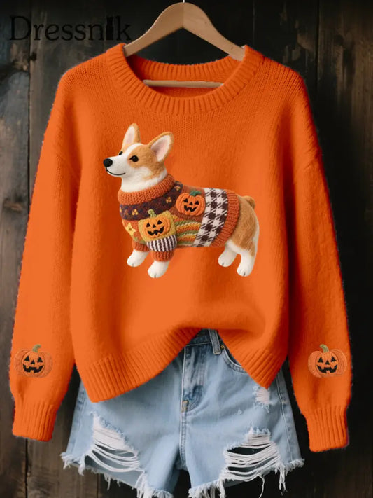 Corgi Filz-Kunst für Frauen Halloween inspirierter gemütlicher Strick pullover Orange / S