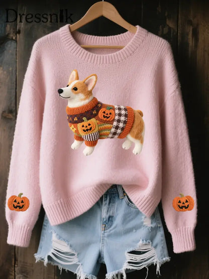 Corgi Filz-Kunst für Frauen Halloween inspirierter gemütlicher Strick pullover Rosa / S