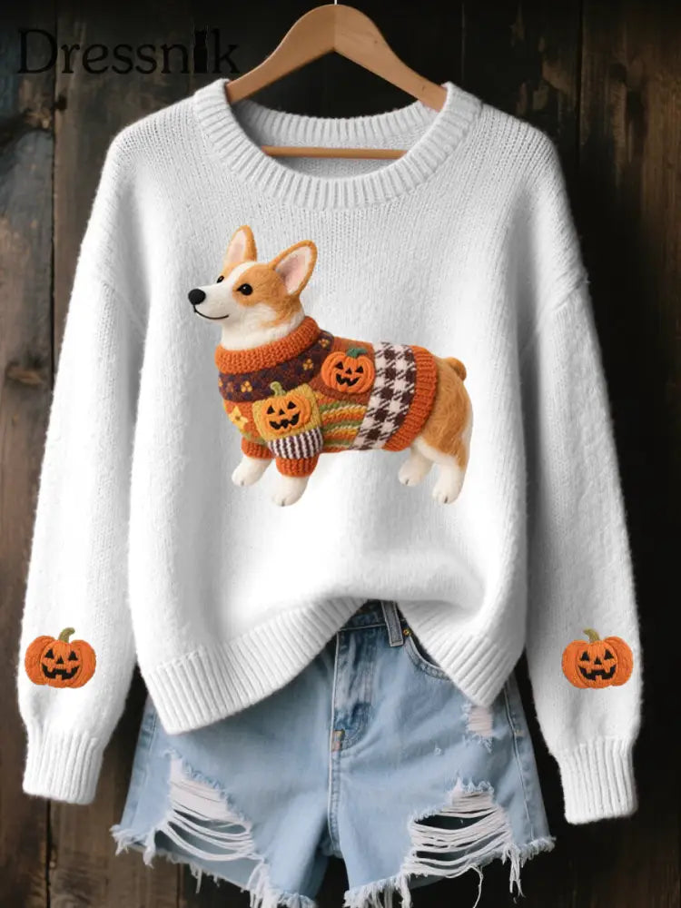 Corgi Filz-Kunst für Frauen Halloween inspirierter gemütlicher Strick pullover Weiß / S