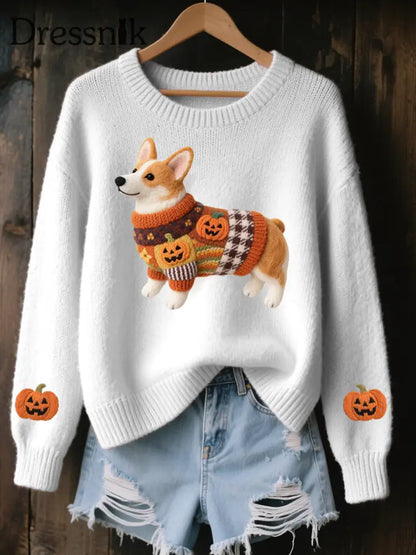 Corgi Filz-Kunst für Frauen Halloween inspirierter gemütlicher Strick pullover Weiß / S