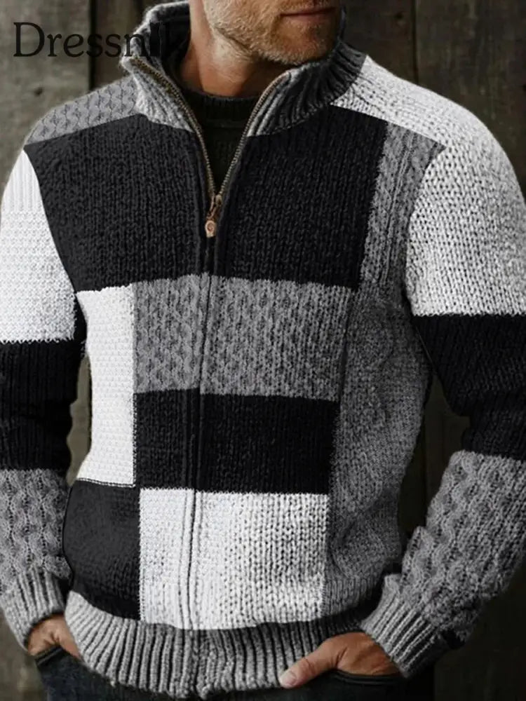 Cowboy-Textur-Muster bedruckt Western Village V-Ausschnitt im Freien dicke Strickjacke mit Reiß verschluss A / S