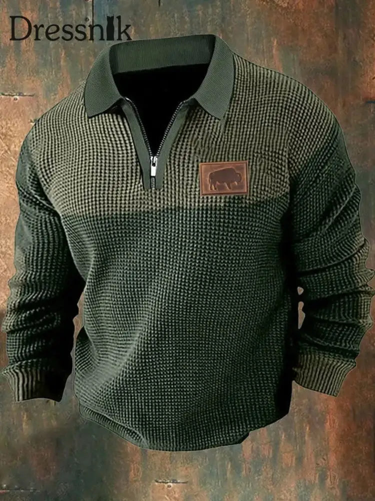 Cowboy Textur Muster Gedruckt Western Village Jagd Logo Knopf V-Ausschnitt Waffel Langarm Henley