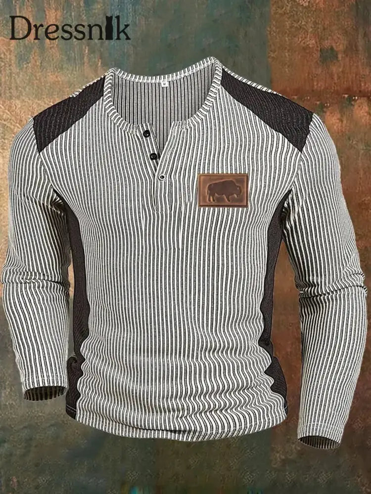 Cowboy Textur Muster Gedruckt Western Village Jagd Logo Knopf V-Ausschnitt Waffel Langarm Henley