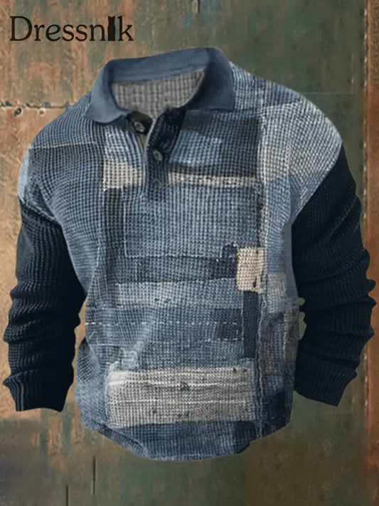 Cowboy Textur Muster Gedruckt Western Village Jagd Logo Knopf V-Ausschnitt Waffel Langarm Henley