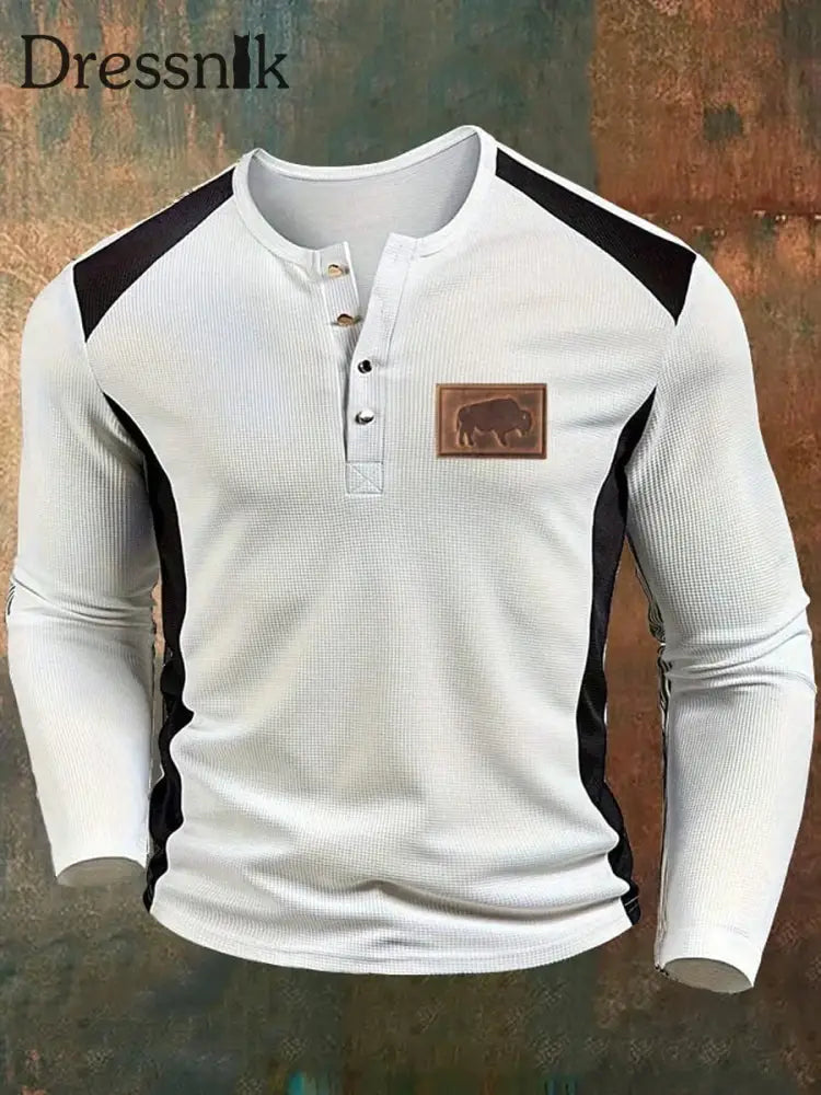 Cowboy Textur Muster Gedruckt Western Village Jagd Logo Knopf V-Ausschnitt Waffel Langarm Henley