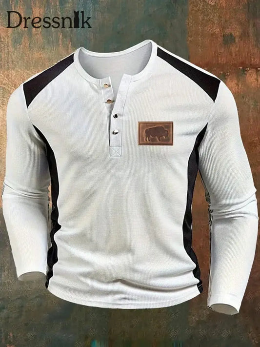 Cowboy Textur Muster Gedruckt Western Village Jagd Logo Knopf V-Ausschnitt Waffel Langarm Henley