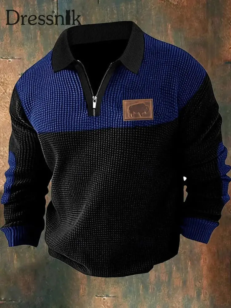 Cowboy Textur Muster Gedruckt Western Village Jagd Logo Knopf V-Ausschnitt Waffel Langarm Henley