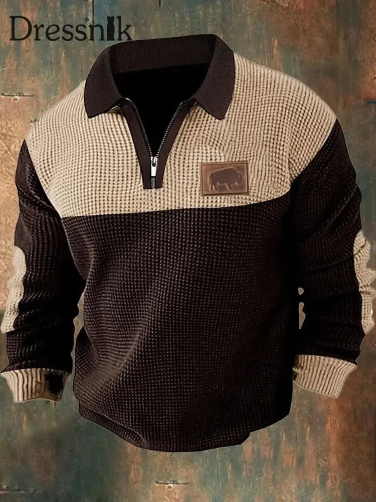 Cowboy Textur Muster Gedruckt Western Village Jagd Logo Knopf V-Ausschnitt Waffel Langarm Henley