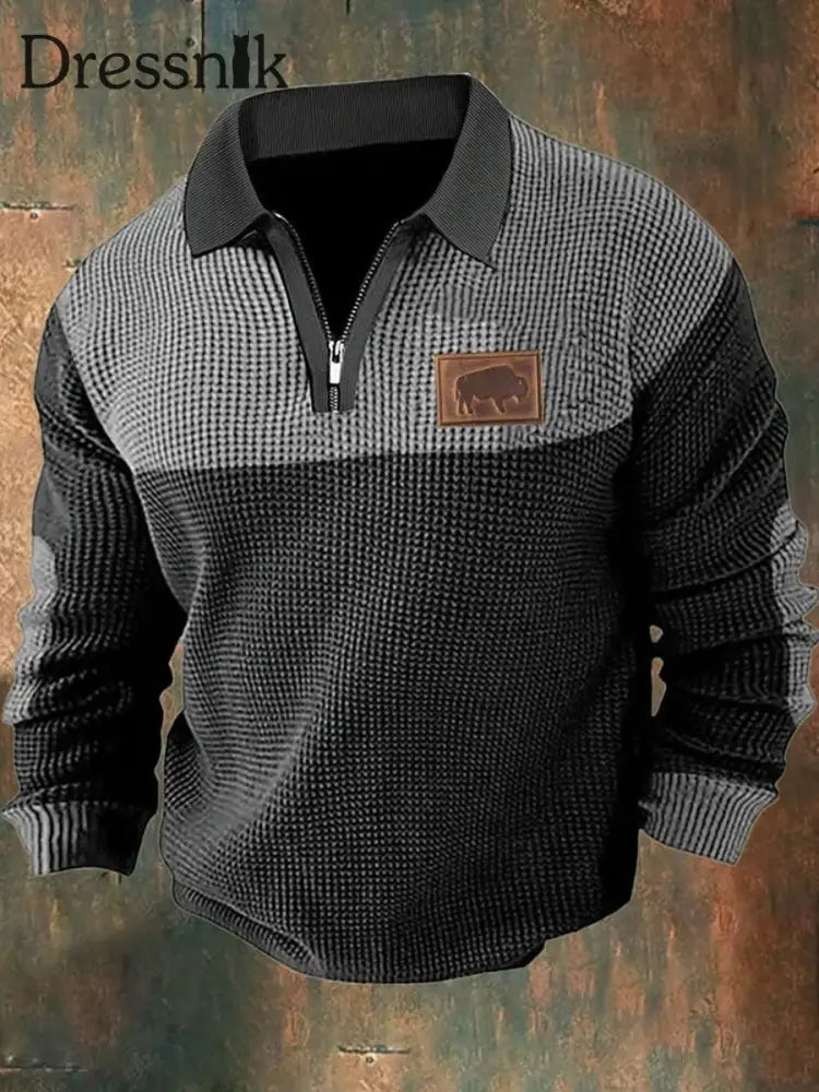 Cowboy Textur Muster Gedruckt Western Village Jagd Logo Knopf V-Ausschnitt Waffel Langarm Henley