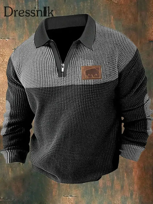 Cowboy Textur Muster Gedruckt Western Village Jagd Logo Knopf V-Ausschnitt Waffel Langarm Henley