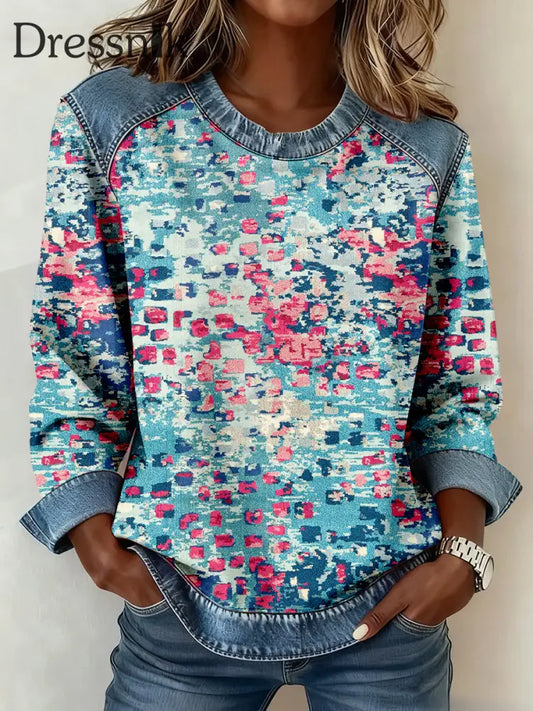 Damen abstraktes Kunst muster Denim Patchwork Sweatshirt als bild / S