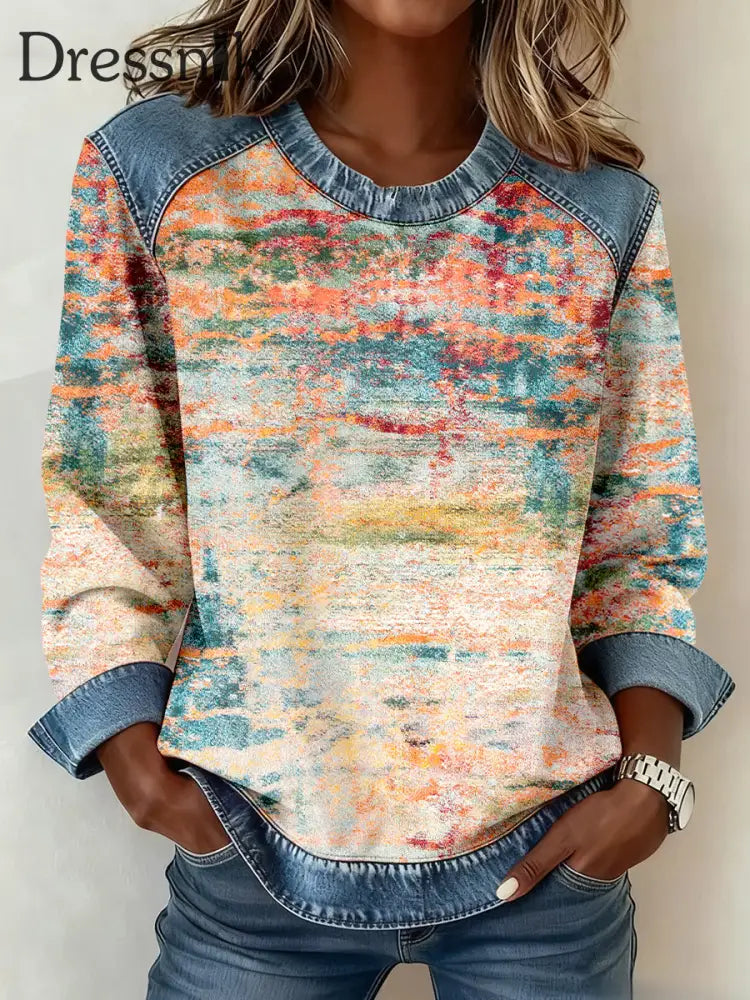 Damen abstraktes Kunst muster Denim Patchwork Sweatshirt als bild / S