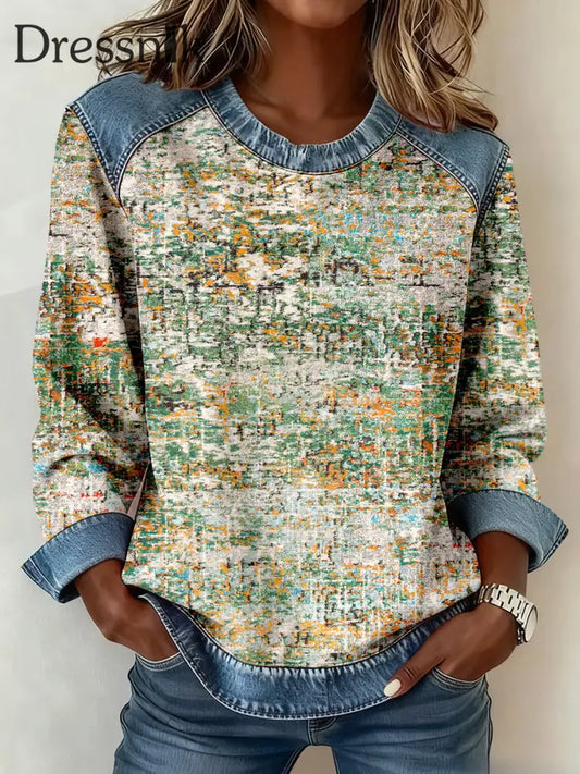 Damen abstraktes Kunst muster Denim Patchwork Sweatshirt als bild / S