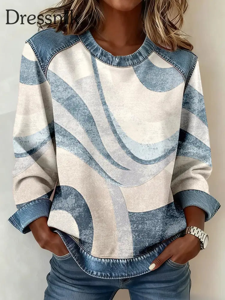Damen abstraktes Kunst muster Denim Patchwork Sweatshirt als bild / S