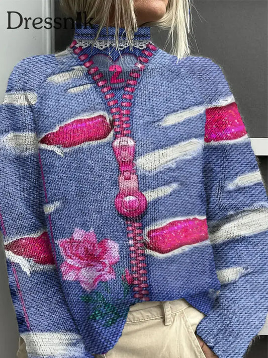 Damen Barbie-bedruckter Roll kragen pullover mit Denim-Effekt blau / S