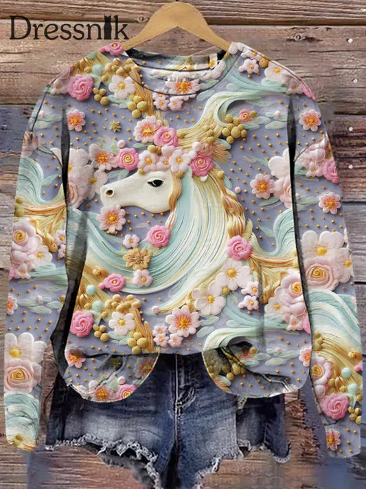 Damen-Blumen-Einhorn-Stickerei 3D-Druck Bequemes Langärmliges Sweatshirt Als Foto / S