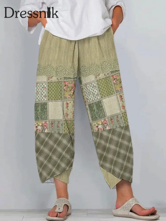 Damen-Blumen-Kunstdruck-Freizeit hosen Grün / S