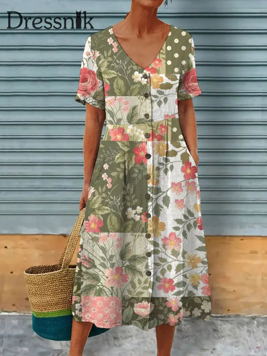 Damen-Blumen-Kunstdruck-Freizeit kleid Grün / S