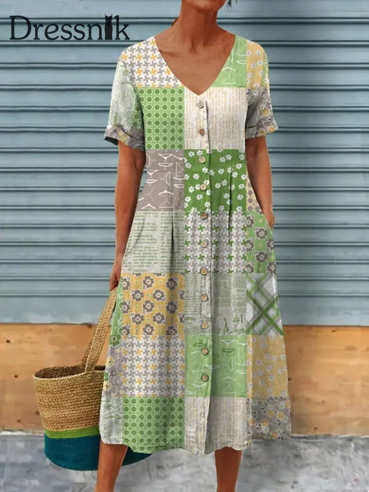 Damen-Blumen-Kunstdruck-Freizeit kleid Grün / S
